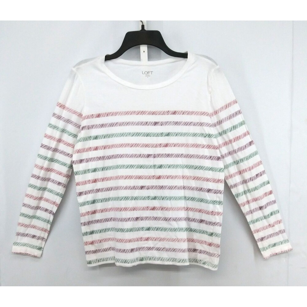 LOFT Shirt Womens Medium White Striped Long Sleeve Round Neck Lightweight Top